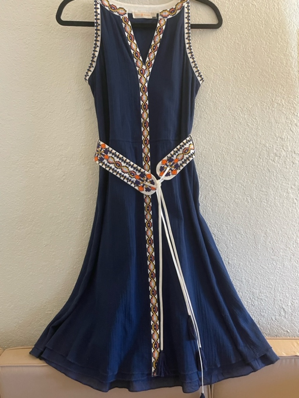 Tory Burch Navy Savannah Linen/Cotton Embroidered trim Mid Dress